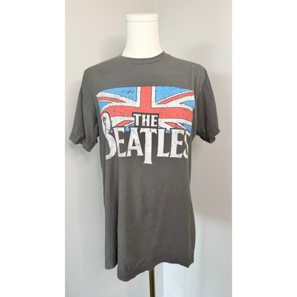The Beatles Union Jack Flag Logo Graphic T-Shirt Gray Cotton Rock Band Tee M